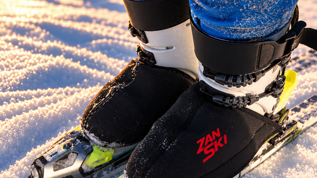 Black ZAN SKI neoprene boot covers on white ski boots in the snow